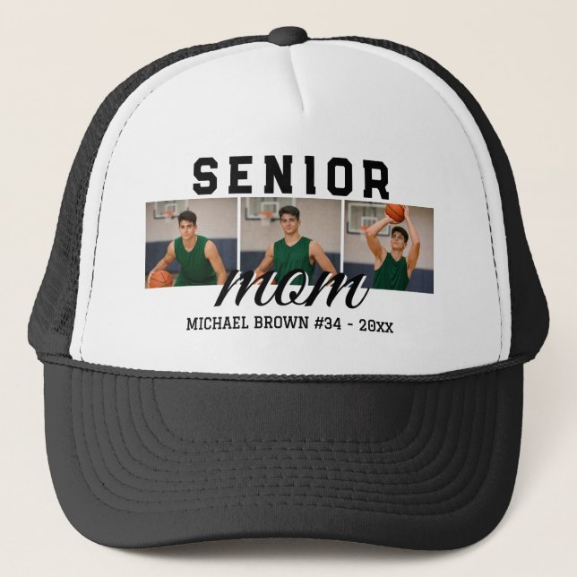 Senior Mom Custom 3 Photo Collage Basketball Truckerkappe (Vorderseite)