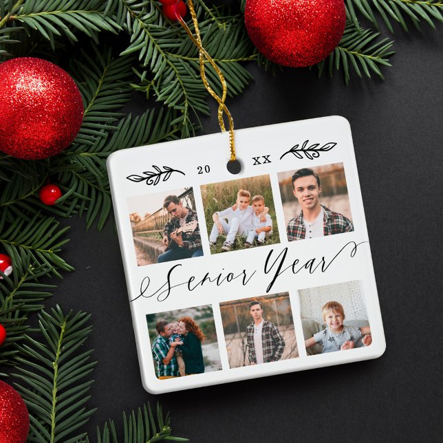 Senior Year Elegante Script 6 Foto Grid Collage Keramikornament (Senior Year Elegant Script 6 Photo Grid Collage Ceramic Ornament)