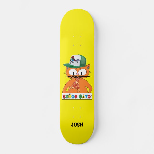 Senor Gato Cartoon Cat w/Trucker Cap Pizza Skateboard (Vorderseite)