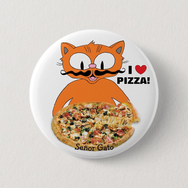 Señor Gato Cartoon Mustache Cat I Liebe Pizza! Button (Vorderseite)