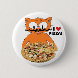 Señor Gato Cartoon Mustache Cat I Liebe Pizza! Button