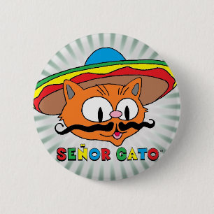 Señor Gato (Cartoon Mustache Cat) mit Sombrero Button