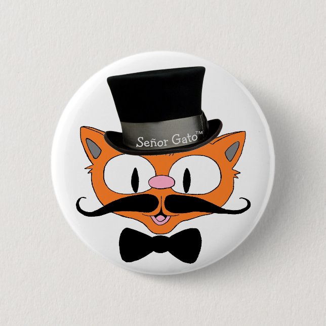 Señor Gato™ Mustache Top Hat und Bow Krawatte Cat Button (Vorderseite)