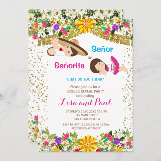 Señor oder Señorita Fiesta Gender Reveal Einladung (Vorne/Hinten)