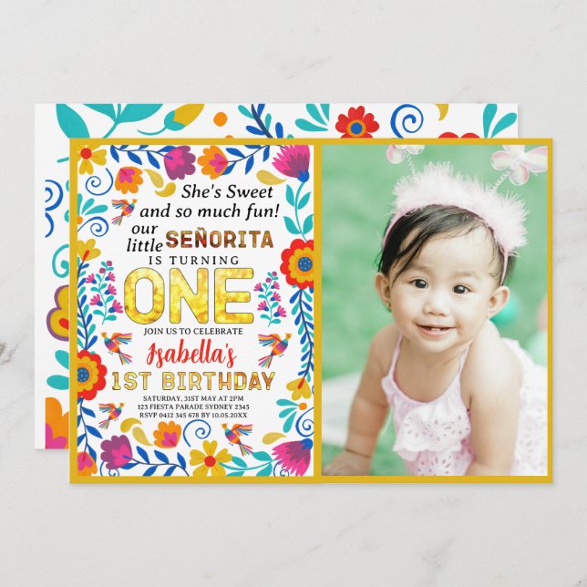 señorita 1. Geburtstag, mexikanische Blumenkunst Einladung (Vorne/Hinten)