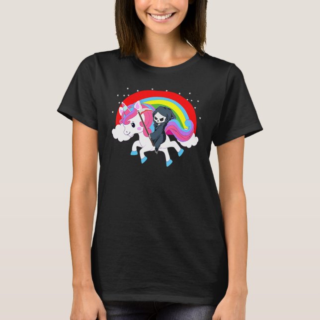 Sensenmann auf einem Einhorn Regenbogen Todesengel T-Shirt (Vorderseite)