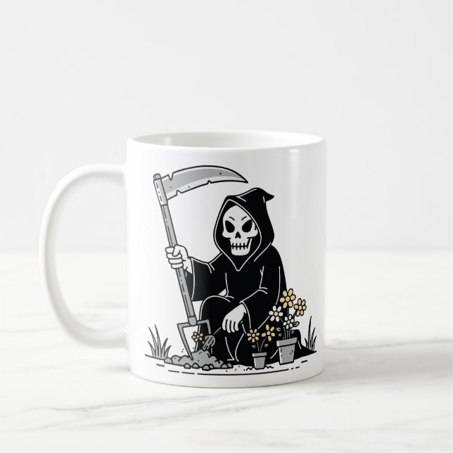 Sensenmann beim Gärtnern von Blumen Kaffeetasse (Links)
