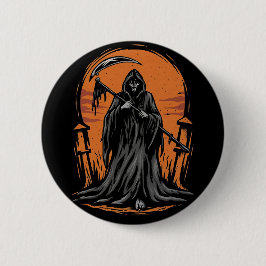 Sensenmann-Cartoon auf einem Friedhof bei Sonnenun Button