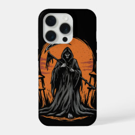 Sensenmann-Cartoon auf Friedhof bei Sonnenuntergan iPhone 15 Pro Hülle