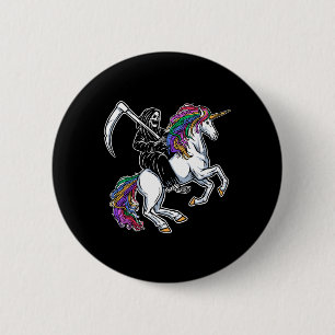 Sensenmann Riding Unicorn Regenbogen Skelett Hallo Button