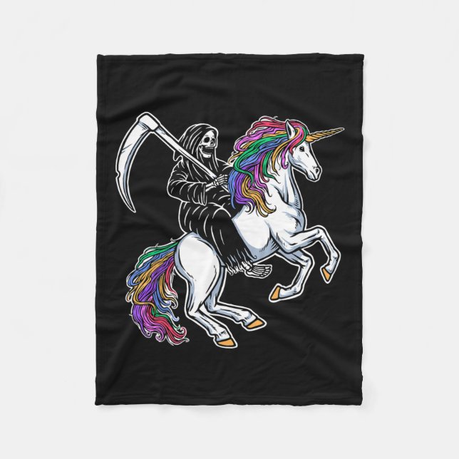 Sensenmann Riding Unicorn Regenbogen Skelett Hallo Fleecedecke (Vorderseite)