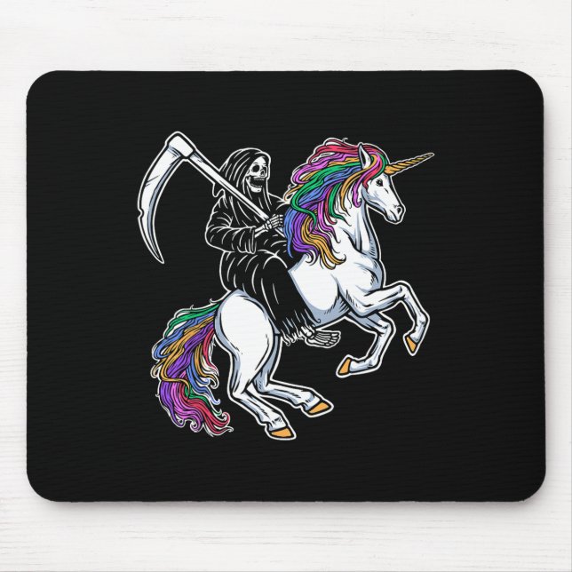 Sensenmann Riding Unicorn Regenbogen Skelett Hallo Mousepad (Vorne)