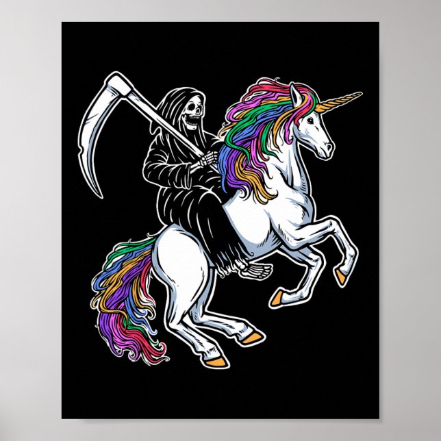 Sensenmann Riding Unicorn Regenbogen Skelett Hallo Poster (Vorne)