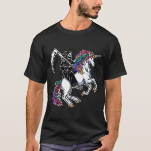 Sensenmann Riding Unicorn Regenbogen Skelett Hallo T-Shirt