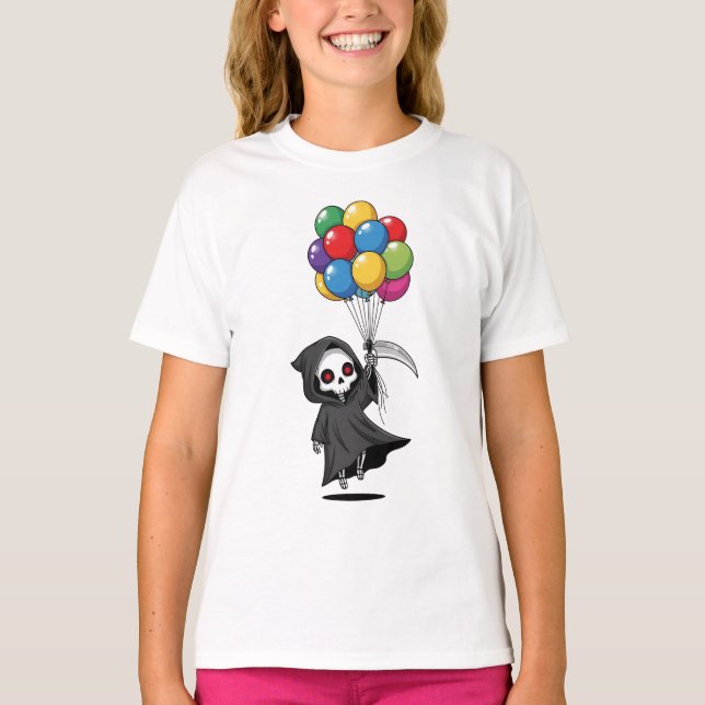 Sensenmann schwebt mit Luftballons für Kinder T-Shirt (Vorderseite)