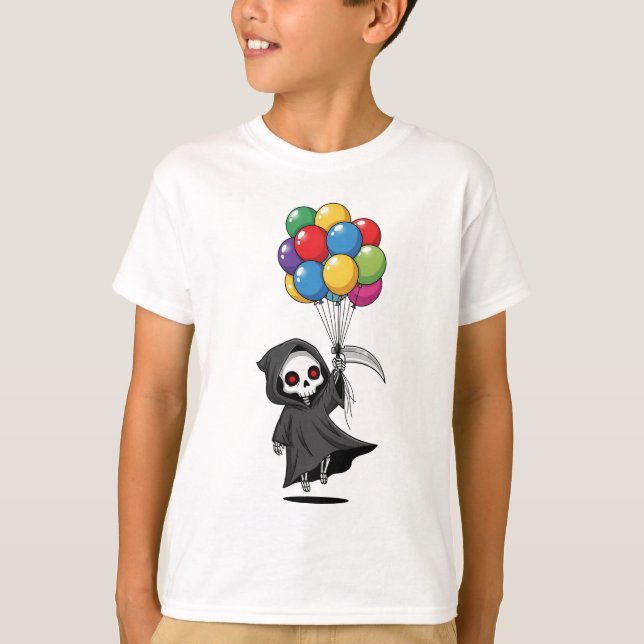 Sensenmann schwebt mit Luftballons für Kinder T-Shirt (Vorderseite)