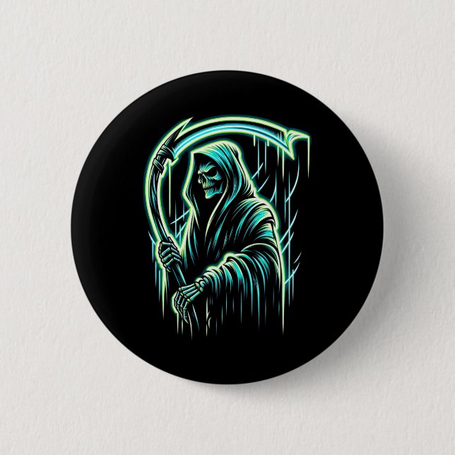 Sensenmann Skelett Schädel Cool Halloween Heavy Me Button (Vorderseite)