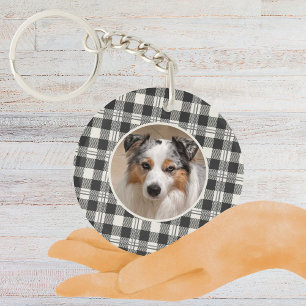 Sentimental Pet Foto Dunkelgrau Karierte Kunst Schlüsselanhänger