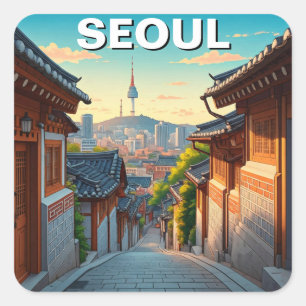 Seoul Bukchon Südkorea Sonnenuntergang Quadratischer Aufkleber