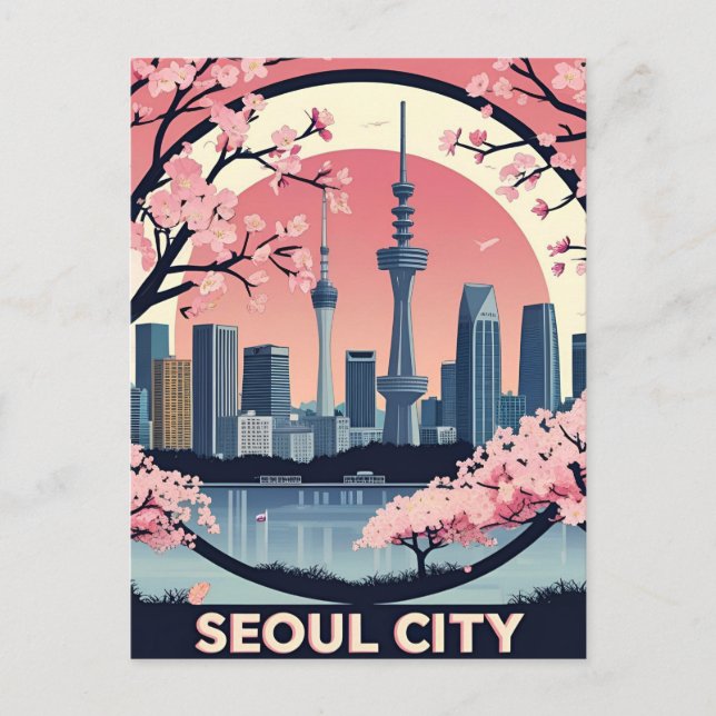 Seoul City Modern Skyline Retro Art Südkorea Postkarte (Vorderseite)
