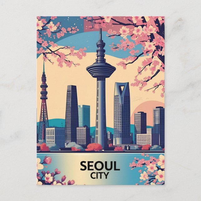 Seoul City Modern Skyline Retro Art Südkorea Postkarte (Vorderseite)