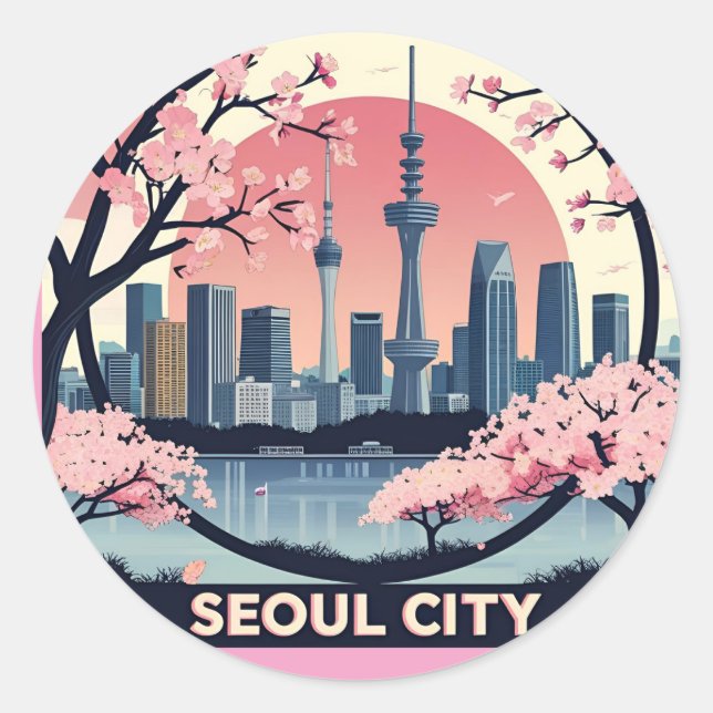Seoul City Modern Skyline Retro Art Südkorea Runder Aufkleber (Vorderseite)