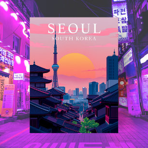 Seoul Korea Night Skyline Travel City Art Postkarte