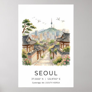 Seoul Landschaftsdruck Wasserfarbe Stadtansicht mi Poster
