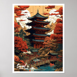 Seoul South Korea Art Vintage Travel Illustration Poster