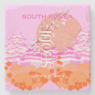 Seoul South Korea Travel Art, Pink Steinuntersetzer