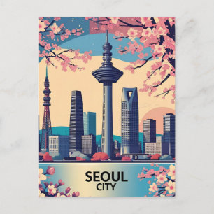 Seoul Stadt  Moderne Skyline Retro Art Südkorea Feiertagspostkarte