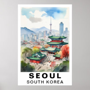 Seoul Südkorea Aquarell Reise Kunst Druck Poster