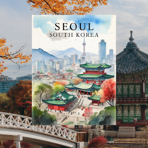 Seoul, Südkorea Aquarell Reise Kunst Postkarte