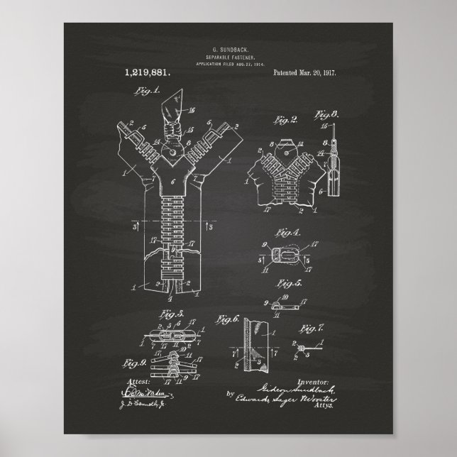 Separable Fastener 1917 Patent Art Chalkboard Poster (Vorne)