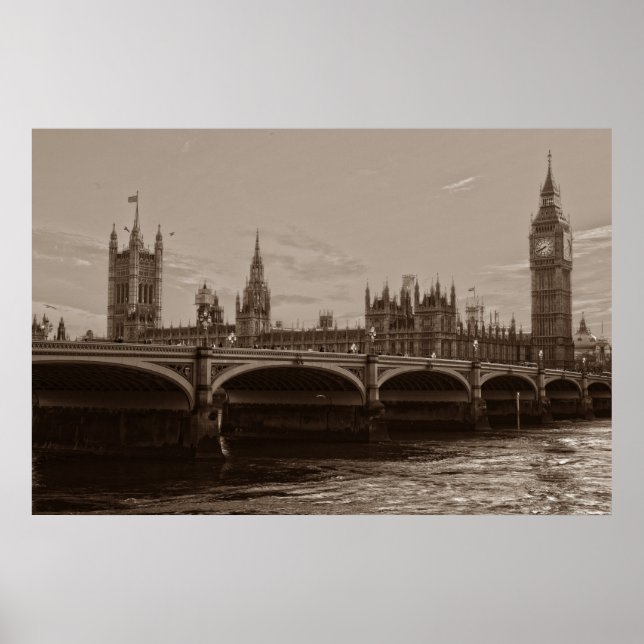 Sepia Big Ben Tower Palace in Westminster Poster (Vorne)
