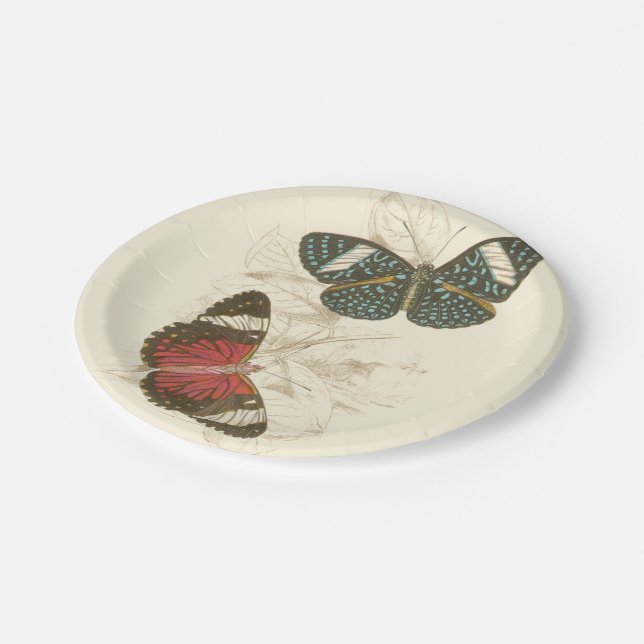 Sepia Blätter mit bunten Schmetterlingen Pappteller (Schrägansicht)