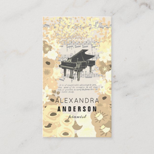 Sepia Blume Pianist Music Teacher Business Card Visitenkarte (Vorderseite)
