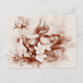 Sepia-Blume und Schmetterlinge Postkarte