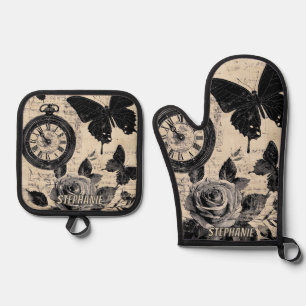 Sepia-Blumen-Schmetterling-Fernweh-Kompass Ofenhandschuh & Topflappen-Set