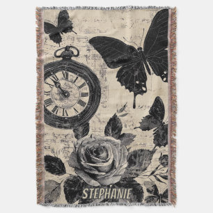 Sepia-Blumen-Schmetterling-Wanderlust-Kompass Decke