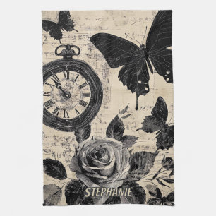 Sepia-Blumen-Schmetterling-Wanderlust-Kompass Geschirrtuch