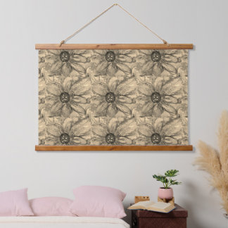 Sepia-Blumen-Tapete Wandteppich Mit Holzrahmen