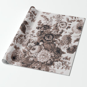 Sepia-Braun-Schwarz-Weiß-Altmodisches-Blumen-Toile Geschenkpapier