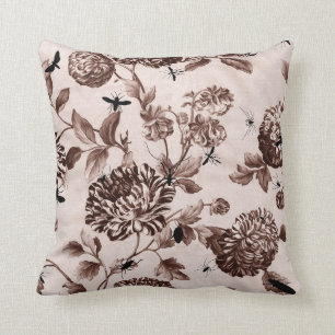 Sepia-Braun Vintage Botanical Bugs Floral Toile Kissen