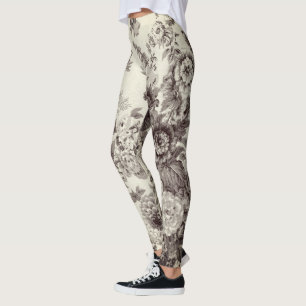Sepia Brown Cream Botanical Floral Toile No.2 Leggings