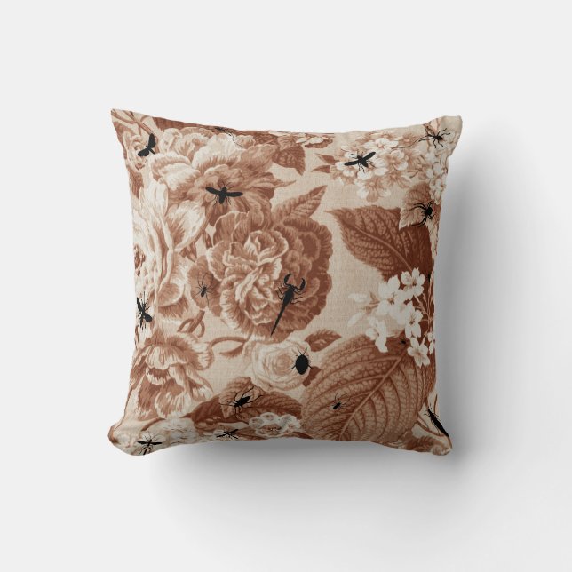 Sepia-Brown-Vintages botanisches u. Wanzen Kissen (Vorderseite)