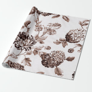 Sepia Brown White Vintag Botanical Floral Toile Geschenkpapier