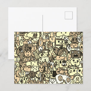 Sepia Cartoon Character Hand Drass Muster Postkarte