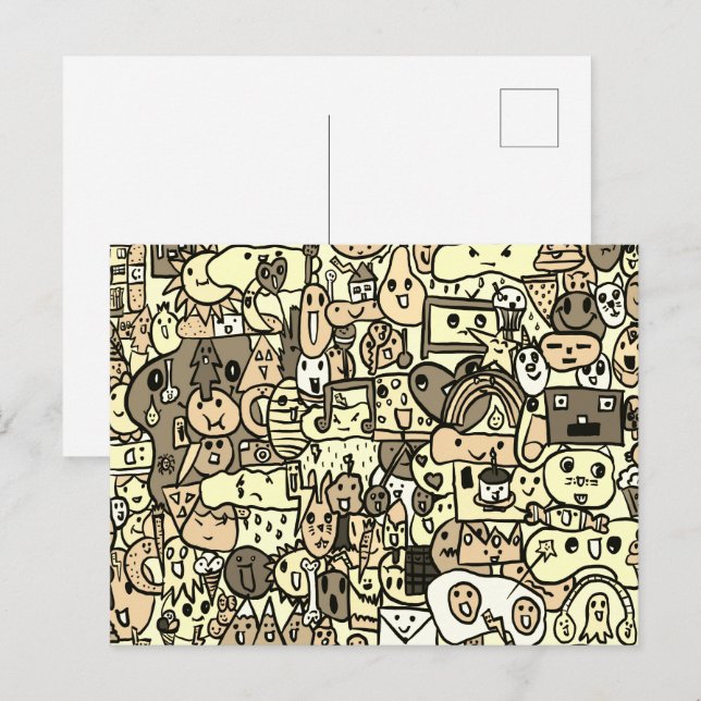 Sepia Cartoon Character Hand Drass Muster Postkarte (Vorne/Hinten)