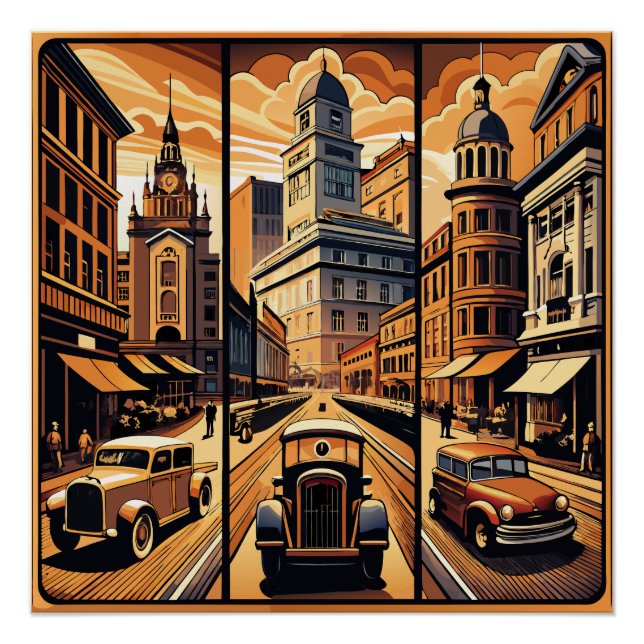 Sepia Cityscape Triptych Poster (Vorderseite)